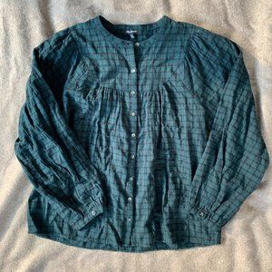 Madewell Top Women's Small Forest Green Plaid Blouse Button Front Peasant Boho